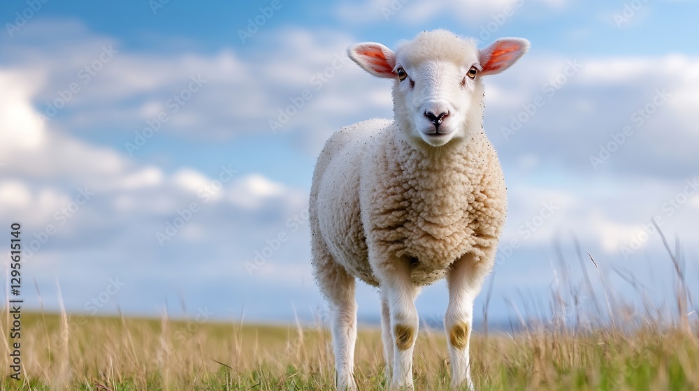 Poster adorable sheep standing in a lush green field with a bright blue sky in the background : generative 