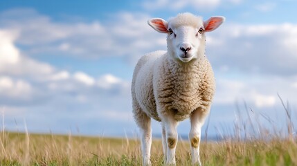 Fototapeta premium Adorable sheep standing in a lush green field with a bright blue sky in the background : Generative AI