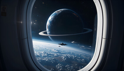 Looking out the plane window from inside, Ring planet and spaceship in dark outer space. Ai generated