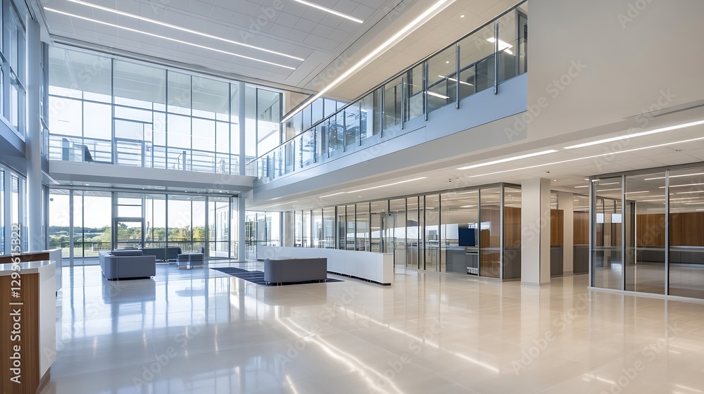 Poster spacious and well lit office space featuring large windows and modern furniture in corporate environ