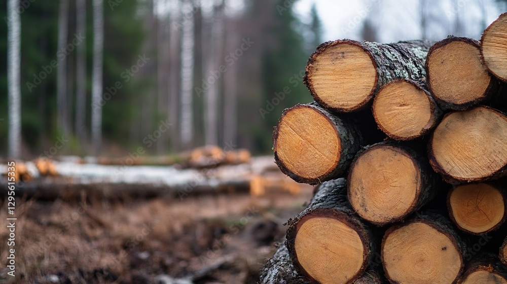 Aufkleber Stacked Logs in a Quiet Forest Setting as Nature Prepares for Change with Seasonal Transition : Generative AI