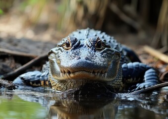 Obraz premium Close-Up View of a Powerful Reptile with Distinctive Scales and Sharp Teeth Resting by the Water in a Natural Habitat