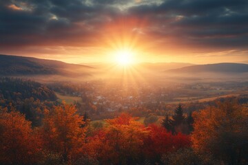 Naklejka premium Autumn sunset over valley town (1)