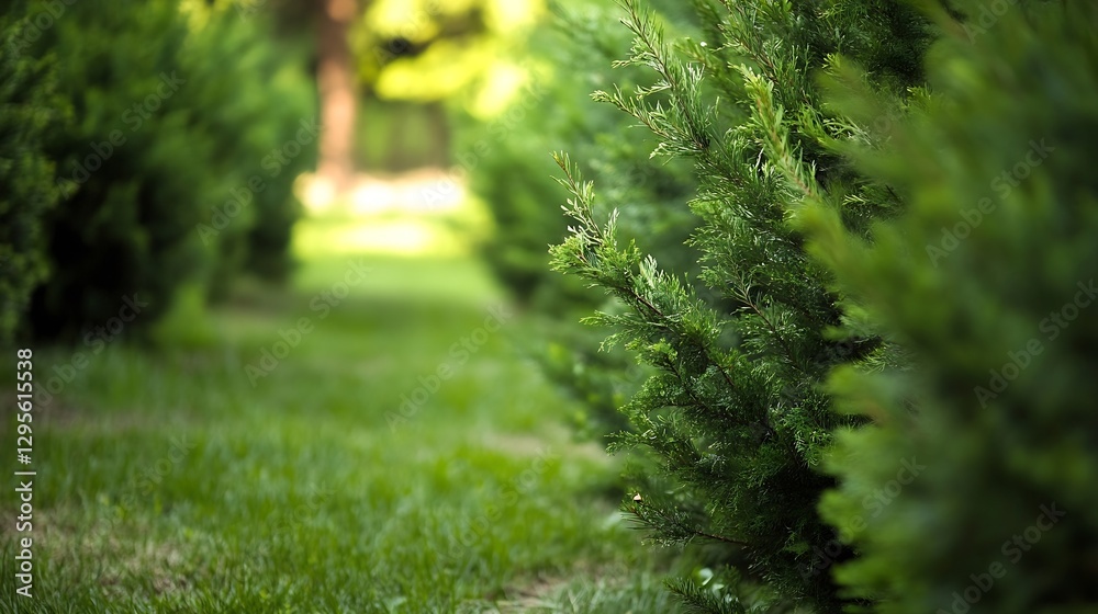 Poster Lush Green Pathway Between Rows of Cedar Trees in Sunny Weather : Generative AI