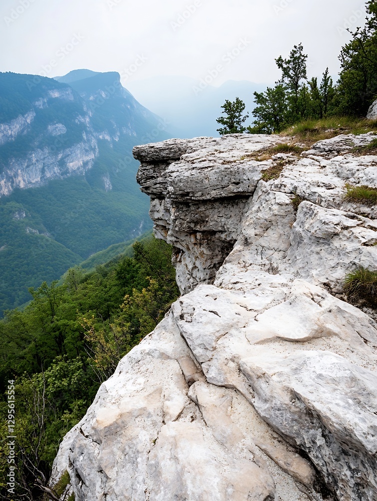 Aufkleber impressive rocky cliff overlooking a misty valley with lush green trees and distant mountains : gene