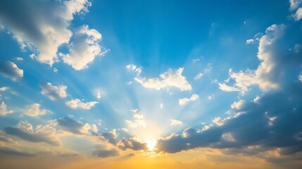 Obraz premium Dramatic sky filled with rays of sunlight breaking through clouds during sunset creating a breathtaking spectacle : Generative AI