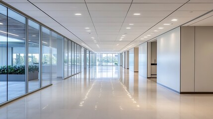 Fototapeta premium Modern office hallway with large windows and polished floors showcasing natural light and greenery : Generative AI