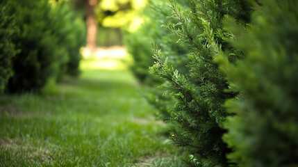 Obraz premium Lush Green Pathway Between Rows of Cedar Trees in Sunny Weather : Generative AI