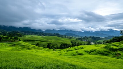 Obraz premium Lush Green Rice Terraces Under Dramatic Clouds in a Scenic Landscape : Generative AI