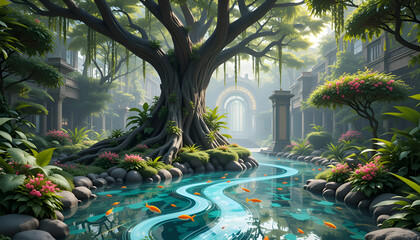 A beautiful paradise garden with rivers. Ai generated image