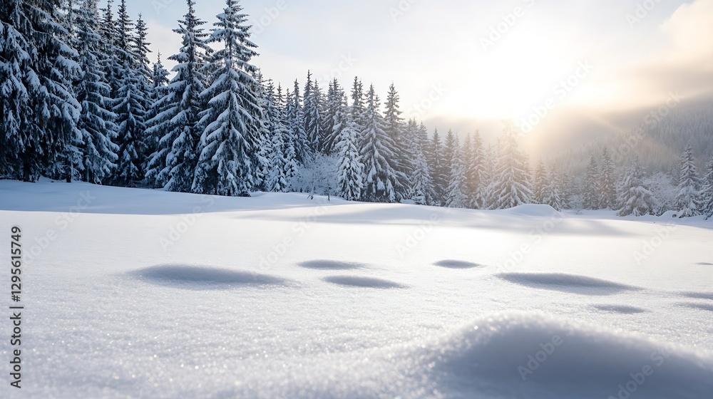 Poster serene winter landscape with fresh snow and tall pine trees illuminated by soft sunlight : generativ