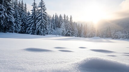 Fototapeta premium Serene winter landscape with fresh snow and tall pine trees illuminated by soft sunlight : Generative AI