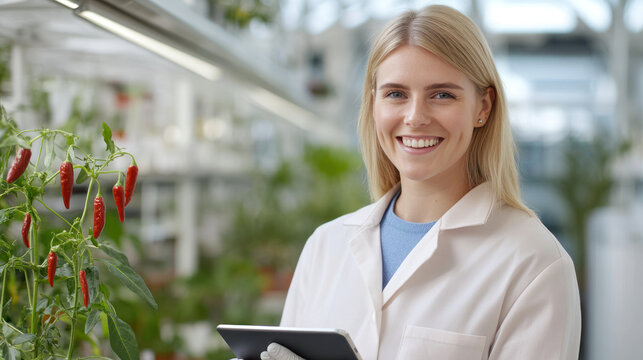 German agricultural scientist woman holding tablet working in chile plant modern greenhouse
