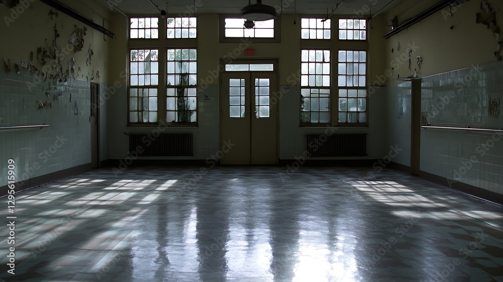 Aufkleber Gloomy Abandoned Room with Large Windows Casting Dark Shadows and Empty Space : Generative AI