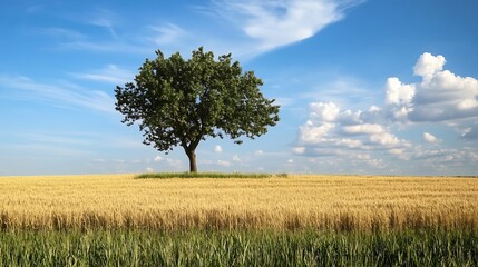 Fototapeta premium Lone Tree Standing in a Golden Wheat Field under a Vast Blue Sky with Fluffy Clouds : Generative AI