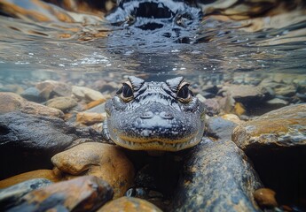 Fototapeta premium Close-Up View of a Water-Soaked Alligator Snapping Turtle Observing Underwater Surrounded by Smooth River Stones and Natural Aquatic Habitat