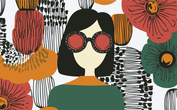 Retro sunglasses, woman portrait, background, floral, botanical design, vector illustration, mod fashion girl with vintage flowers and scandi look for backdrop or textiles and fabric