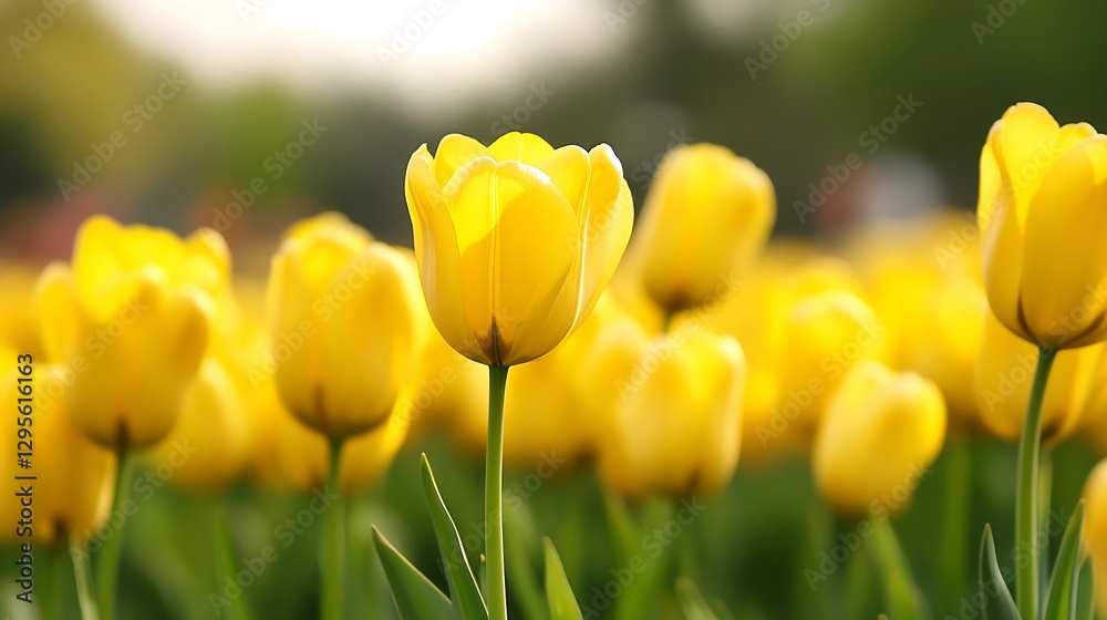 Poster bright and cheerful field of yellow tulips blooming under a soft spring sun creating a delightful la