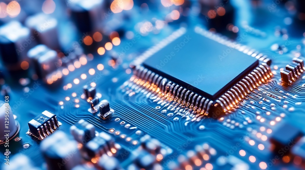Poster Close-Up Photography of Microchip on Circuit Board with Bokeh Lights : Generative AI