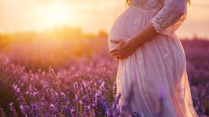 Beautiful pregnant woman in a lavender field