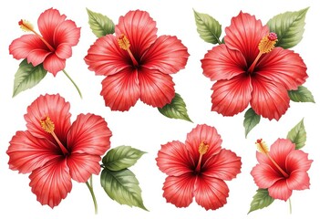 A set of hibiscus flowers in various shades of red, isolated on a white background