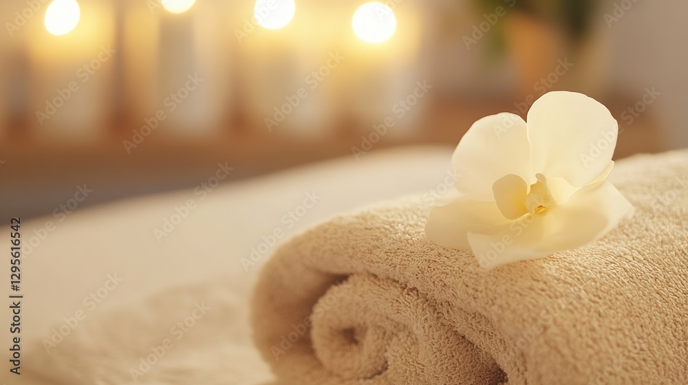 Poster relaxing spa scene with soft towels and elegant orchid flower next to candles : generative ai