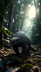 pangolin walking cautiously through a dense tropical forest