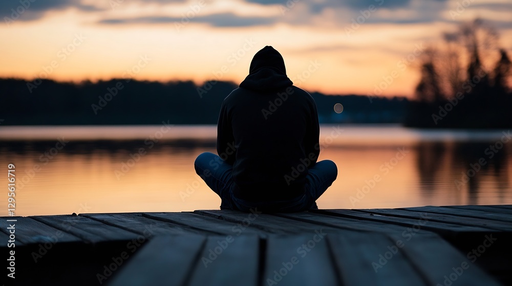 Poster sitting person in a hoodie on a wooden dock overlooking a lake at sunset creating a moment of reflec