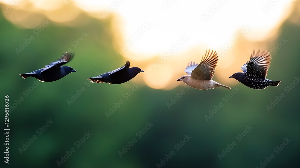 Poster Elegant Birds in Flight with Blurred Background at Dusk : Generative AI