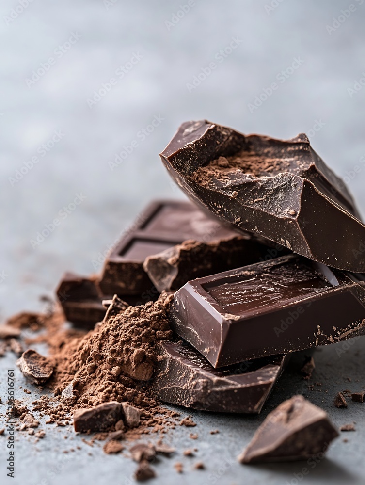 Leinwandbilder close up of broken dark chocolate with rich colorful cocoa crumbs on a surface : generative ai