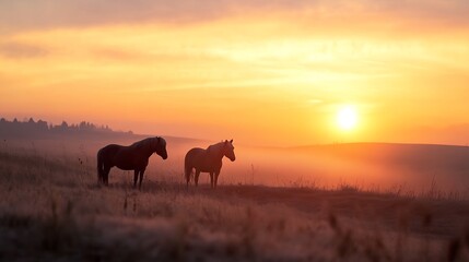 Obraz premium Two horses standing gracefully in a golden field during a picturesque sunset : Generative AI