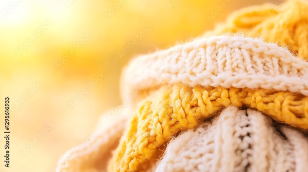 Poster warm cozy knitted hats stacked together in autumn sunlight creating a sense of comfort and style : g