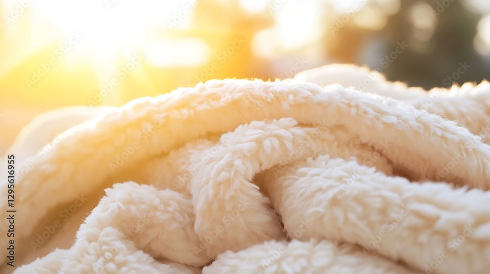 Poster Soft cozy blanket draped over warm surface glowing in sunlight creating a comforting and inviting atmosphere : Generative AI