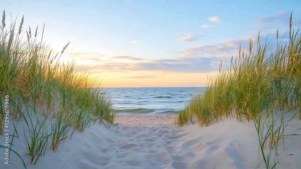 Poster scenic view of sandy beach framed by grass dunes at sunset creating a serene coastal escape : genera