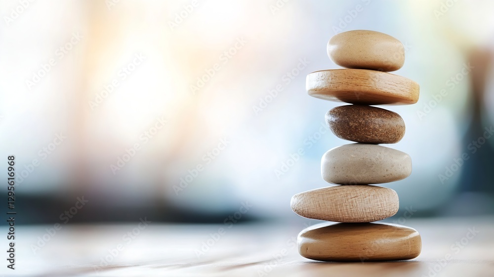 Poster balanced stones stacked in a calming arrangement symbolizing peace and tranquility : generative ai