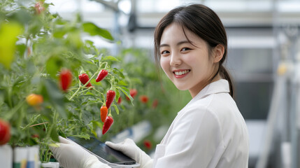 Korean agricultural scientist woman holding tablet working in chile plant modern greenhouse