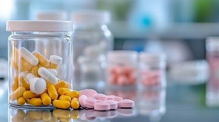 Colorful assortment of pills and capsules in jars on a reflective surface in a pharmacy : Generative AI