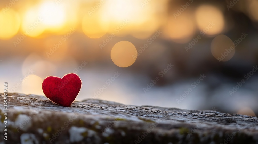 Aufkleber Small felt heart on rustic stone with blurred background at sunset creating a romantic mood : Generative AI