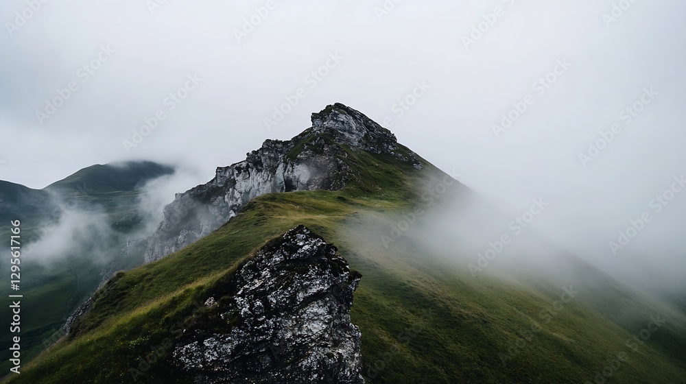 Aufkleber Misty mountains enveloped in fog creating an atmospheric landscape view : Generative AI
