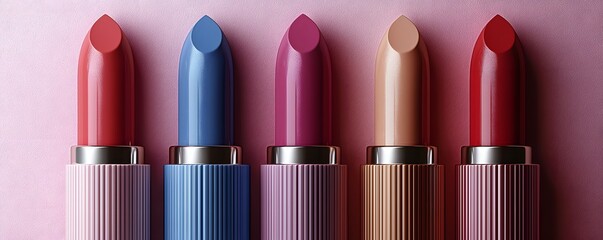 Obraz premium Five Colorful Lipstick Tubes Arranged Neatly On Pink Background