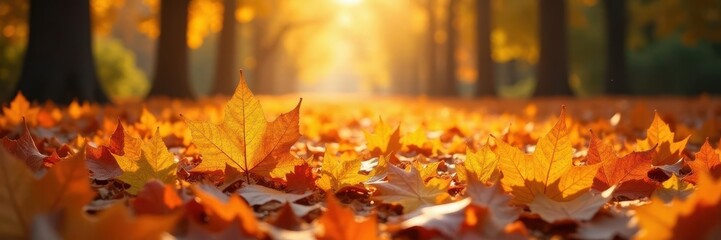 A carpet of fallen leaves in warm autumn light , illustration, orange, photography