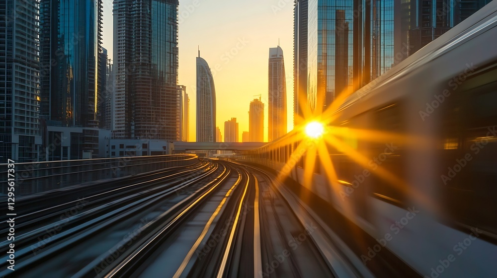 Poster sunset over a modern urban skyline with train speeding through scenic view capturing vibrant city li