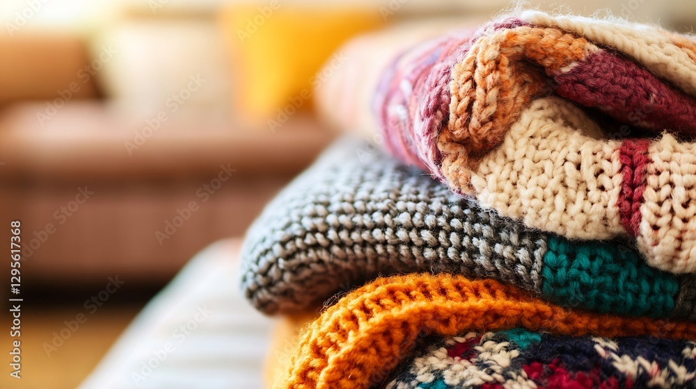 Poster colorful knitted blankets stacked in a warm home setting inviting comfort and relaxation : generativ