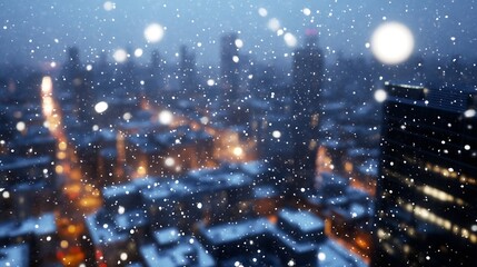 Obraz premium Snow falling over a vibrant city at dusk with blurred cityscape background : Generative AI