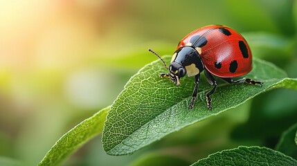 Obraz premium A red and black beetle sitting on a green leaf