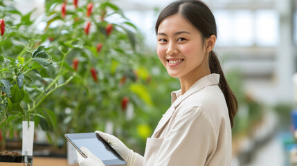Australian agricultural scientist woman holding tablet working in chile plant modern greenhouse