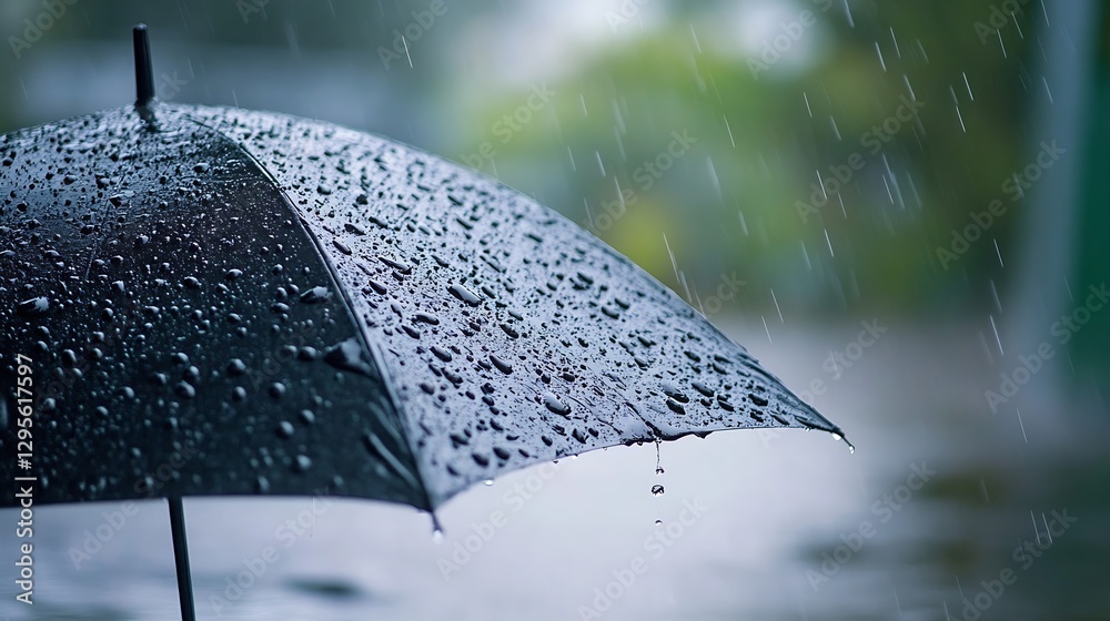 Poster close up of black umbrella with rain drops on it in a blurred background of rainy weather : generati