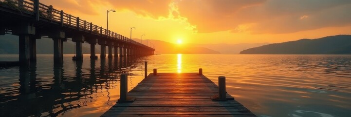Obraz premium Golden light bathes aged pier, lake reflects sunrise hues, rustic, outdoors, beautiful