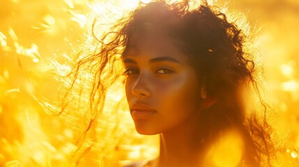 Fototapeta premium Portrait of a Young Woman with Curly Brown Hair in Golden Sunlight