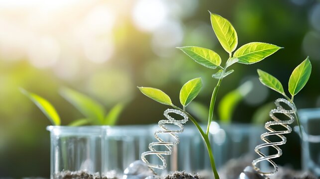Fresh green plant growing from soil with DNA double helix showing the fusion of nature and science : Generative AI